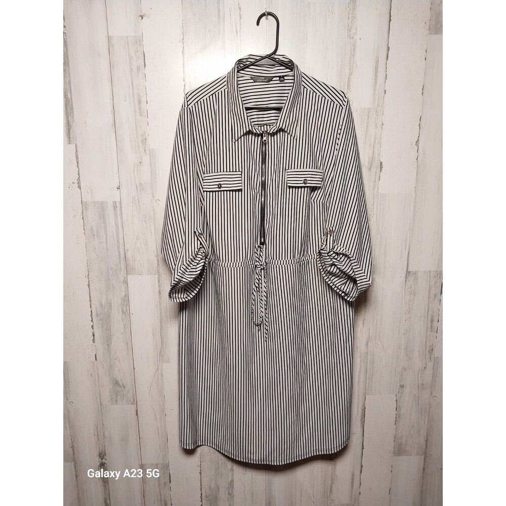 Mlle Gabrielle Striped Shirt Dress Roll Tab Sleeve Career Casual Chic 3X